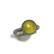 10mm Rose Cut Yellow Chalcedony Ring Symmetrical Flower Crown 925 Sterling