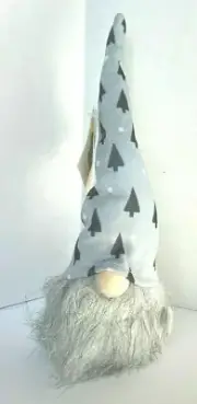 Giftcraft Gnome Plush Figurine Gray Hat w/Christmas Trees Black White Beard 10"H