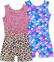 [Taubow] 2 Packs Gymnastics Leotards for Girls Mermaid Leopard Dance Leotard Kids Biketard with Shorts