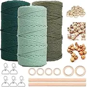 Macrame Yarn 3 mm x 60 m Set of 3 Macrame for DIY Crafts Macrame Wall Hanging Dream Catcher Hanging Basket Curtain Craft Set Cord Chain 60 Wooden Beads 6 Wooden Rings 2 Round Rod