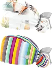 [YTYVAGT] 2-Pc,Nurse Scrub Caps,Scrub Hats with Buttons and Cotton Sweatband,Balloon Deer and Bunny