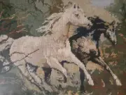 Vintage Gobelin~ needlepoint tapestry~ cross-stitch~ Mustangs ~11x8''~ Framed.