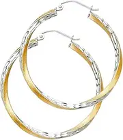 [JewelryWeb] 14k Yellow Gold and White Gold Sf Sparkle Cut 2.6mm Swirl Hoop 35mm Earrings-Hoop Earring for Women
