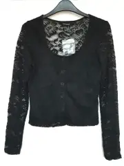 NEW LOOK BLACK STRETCH, FRONT LINED, WAIST LENGTH BUTTON LACE BLOUSE SHIRT TOP 8