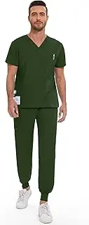 niaahinn men scrub set-Stretch V-Neck Scrub Top & Jogger Pant with 9 Pockets, Yoga Waistband, Anti-Wrinkle Scrubs for Men