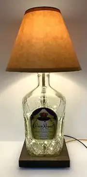 Crown Royal 1.75L Bottle TABLE LAMP Light w/Wood Base, USB Fairy Lights, Shade!
