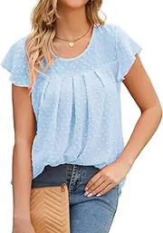 [AVAYUU] Women's Summer Chiffon Tops Short Sleeve Blouse Elegant Crew Neck Pleated Tunic Tops Plain Loose Shirt Blouse Top M-3XL