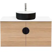CIBO 900mm Oak Mornington Wall Hung Vanity with Black / White Basin and Black Handle