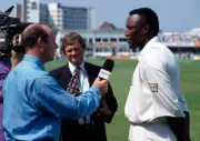 England fast bowler Devon Malcolm is interviewed by Simon Hug- Old Cricket Photo