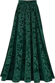 [RUNQHUI] Women's Velvet Long Skirts Vintage Floral Embroidered Elastic High Waist A-Line Party Skirts