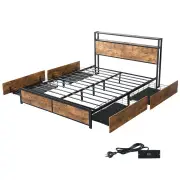 Double Bed Frame RGB LED 4 Drawers USB