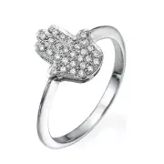 Hamsa Large Jewish Ring In 14K White Gold Diamond Studded Solid Judaica Jewelry