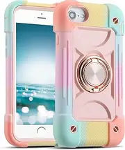 MARKILL Compatible with iPhone Se3/iPhone Se2,iPhone 6/6S Case,iPhone7/iPhone8 Case 4.7 Inch with Ring Stand, Heavy-Duty Military Grade Shockproof Phone Cover for Kids (Rainbow Pink)