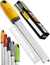 Orblue Lemon Zester & Cheese Grater - Premium Citrus Zester, Kitchen Grater for Parmesan, Chocolate, Fruits, Vegetables, Ginger, Garlic, Nutmeg - Stainless Steel Blades with Protective Cover, Yellow