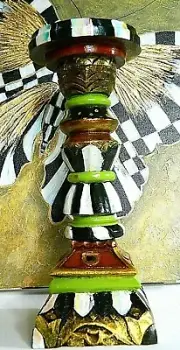 Wooden Pillar Candle Holder Black/WHITE CHECK Hand Painted by me