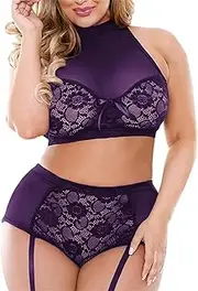 [Zylphorix] Women Plus Size Garter Belt Lingerie Sexy Bow Lace Bodysuit Set Babydoll Strappy Bra and Panty Sets