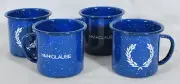 H & M CLAUSE SET OF 4 BLUE & WHITE SPECKLE ENAMELWARE MUGS 3.25" TALL NEW W/ TAG