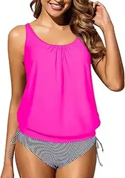 [Holipick] Two Piece Blouson Tankini Swimsuits for Women Tummy Control Bathing Suits Modest Tankini Top with Bikini Bottom