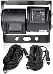 Elinz 2X 4PIN Reversing Reverse Camera Cam Dual Twin in a Joint Bracket 120° and 45° Viewing Angle Mic 12V/24V CCD Truck Caravan Motorhome 600 TVL, Night Vision, IP68, 2YRS Warranty, 2X 10M Cables