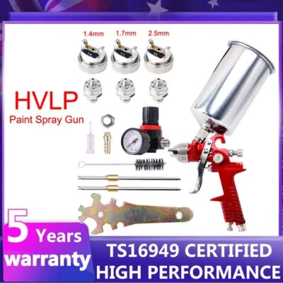 Spray Gun Paint Gravity Feed HVLP Nozzle 1.4 1.7 2.5mm Regulator Gauge Brush Cup