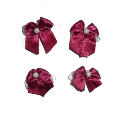 Super tiny pearl beaded 8 burgundy satin bows on plastic barrette clip pet