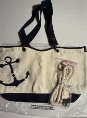Thirty One Canvas Crew Tote Bag Natural Navy Anchor With Rope Crew Strap NEW