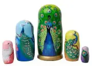 Handmade Peacocks Nesting Doll 5pc Tallest 6" 100% Natural Linden Wood
