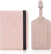 [Huakaile] Leather Passport Cover Holder and Luggage Tag Set, Passport Holder with Vaccine Card Slot and Luggage Tag, Passport Holder with Suitcase Tag for Women Men Couples (Pink)