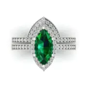 2.16 Marquise Round Cut Halo Emerald Stone Ring bridal Set 14k White Gold