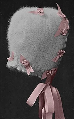 Angora Rosebud Large Baby Doll Bonnet Antique Crochet Pattern Silk Ribbon Roses