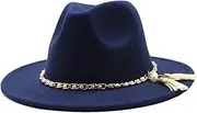 [Dcvmvmn] Men and Women Classic Fedora Hat with Pearl Tassel Chain Woolen Jazz Hat Big Brim Hat Flat Panama Hat, 014, One Size