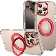 Nexue Clear Case for iPhone 15 Pro Case with Magnetic 360 Rotatable Ring Stand [ Compatible with MagSafe ], Heavy Duty Military Grade Cover with Ring Kickstand for Women Men,Red