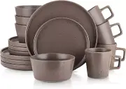 16 Piece Stoneware Dinnerware Set, Service for 4, Brown Matte,Matte Brown