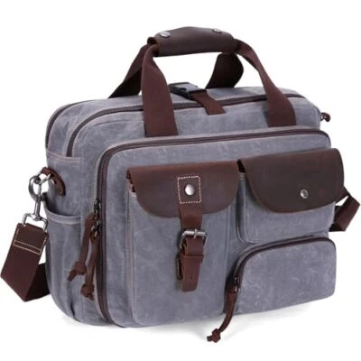 Laptop Bag Briefcase 17.3 Inch Messenger Bag for Men Waxed Canvas Light Gray