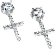 Generic Mens Stud Cross Earrings Dangle Drop Hoop CZ Iced Out Sterling Silver (S