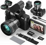5K Digital Cameras for Photography,48MP Camara Fotograficas,Travel Vlogging Cameras for YouTube with 16X Digital Zoom,180°Flip Screen,52mm Macro Lens,2 Batteries,32GB SD Card（Black）