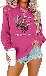 [BINLANHANAT] Howdy Country Christmas Sweatshirt Women Giddy Up Jingle Horse Pick Up Your Feet Retro Christmas Holiday Top
