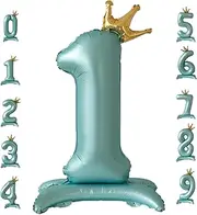 Standing Number 1 Balloon with Crown, 42 Inch Jumbo Mylar Foil Balloons Helium or Air Balloons for 1st 11 21 Birthday Party Celebration Decoration Blue Number 1
