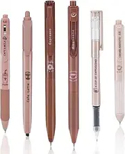 BAYTORY 5Pcs Gel Pens and 1Pc Highlighter, Quick Dry Ink Pen Fine Point Black 0.5mm, Aesthetic Stuff Retractable Rolling Ball Pen Smooth Writing for School Supplies Journaling (Coffee), BY0084KF6