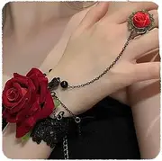 [YERTTER] Black Lace Red Rose Finger Bracelet with Ring Hareness Bracelet Slave Link with Ring Bracelet Accessories Party for Girls, 8INCH, no gemstone