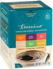 Teeccino Dandelion Tea Sampler (Caramel, Coconut, D/Roast,MMint, R/Chai,Turmeric) G/F 12Teabags 72g