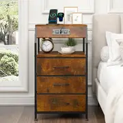 Advwin Set of 2 Bedside Table with Charging Station 3 Fabric Drawers Nightstand Side Table Rustic Brown