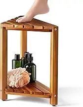 BLUEWEST Corner Shower Stool, Wooden Corner Shower Bench for Shaving Legs Inside Shower, Waterproof Shower Foot Rest with Storage Shelf, Shower Seats and Benches