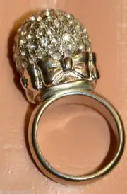 BETSEY JOHNSON Disco Ball Crystal Rhinestone Silver Bow Big Round Statement Ring