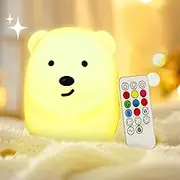 LED Nursery Night Light for Kids, Silicone Bear Night USB Rechargeable Cute Animal Children's Lamps - 9 Colors Tap Remote Control Perfect Light for Bedroom Bath Girls Boys Infant Toddler