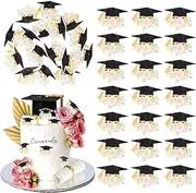 Rsstarxi 60 Pack Edible Graduation Cap Cake Decorations Wafer Paper Class of 2025 Cupcake Toppers Edible Floral Grad Cap Cupcake Picks for 2025 Graduation Party Cake Decorations Supplies