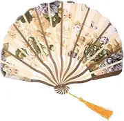Atelierate Classic style peony flower fabric bamboo folding dance hand fan beige