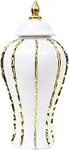 Vases Ginger Jar,White and Gold Ceramic Jar with Lid, Electroplated Ceramic Striped Sealed Jar Storage Decoration,(Color : White, Size : 18 * 18 * 36cm) (Color : White, Size : 22 * 22 * 46cm)