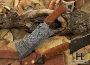 HUNTEX Handmade Damascus Blade, Suede Leather Handle, Full Tang Exotic Cleaver