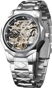FORSINING Men's Skeleton Automatic Tourbillon Watch Self-Wind Hollow Mechanical Watch Tourbillion Rhombus Stainless Steel Wristwatch Gold & Black